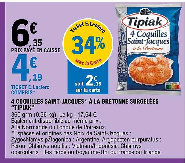 4 coquilles saint-jacques à la bretonne surgelées "tipiak"