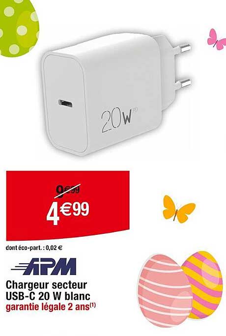 apm chargeur secteur usb-c 20 w blanc
