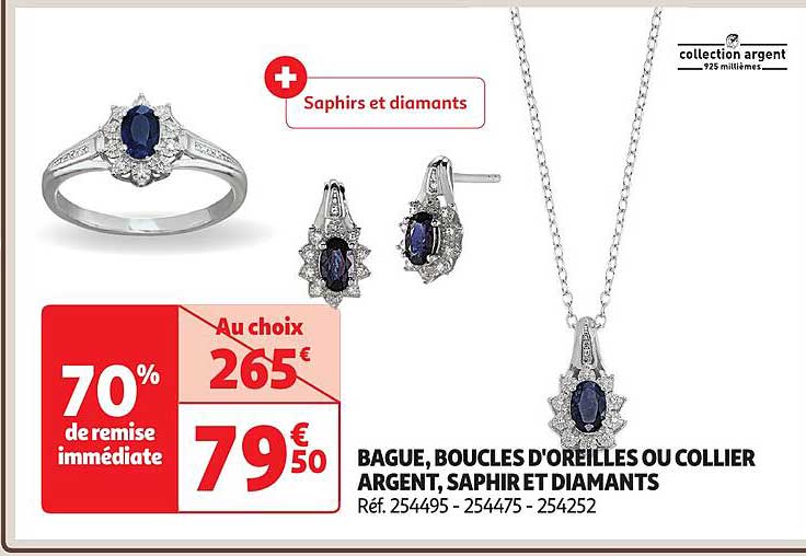 bague, boucles d'oreilles ou collier argent, saphir et diamants