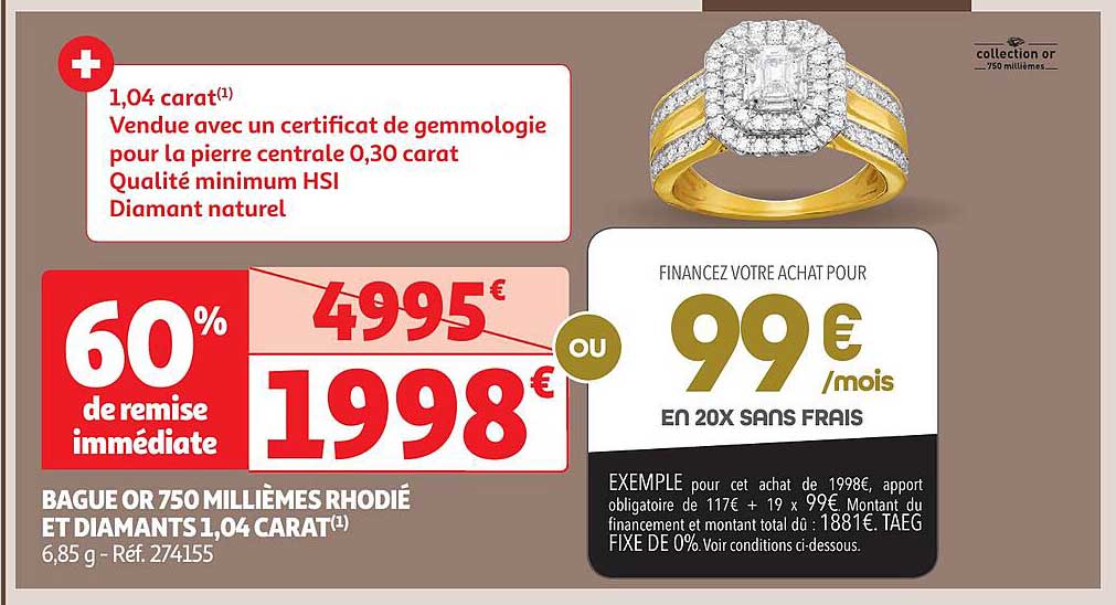 bague or 750 millièmes rhodié et diamants 1,04 carat