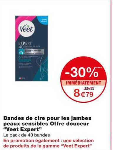 bandes de cire pour les jambes peaux sensibles offre douceur "veet expert"