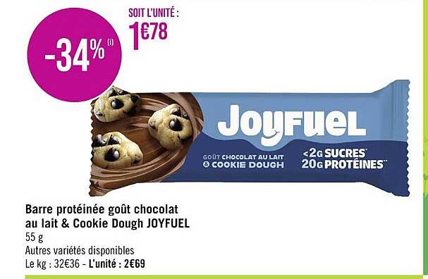 barre protéinée goût chocolat au lait & cookie dough joyfuel