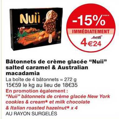 bâtonnets de crème glacée "nuii" salted caramel & australian macadamia
