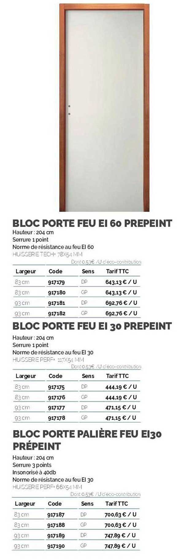 bloc porte feu ei 60 prépeint, bloc porte feu ei 30 prépeint, bloc porte palière feu ei30 prépeint