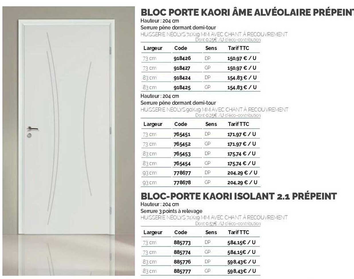 bloc porte kaori âme alvéolaire prépeint, bloc-porte kaori isolant 2.1 prépeint