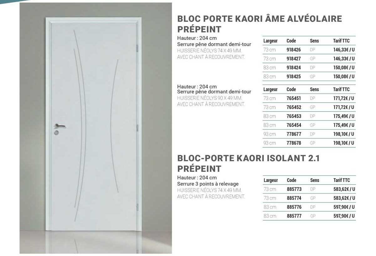 bloc porte kaori âme alvéolaire prépeint bloc-porte kaori isolant 2.1 prépent