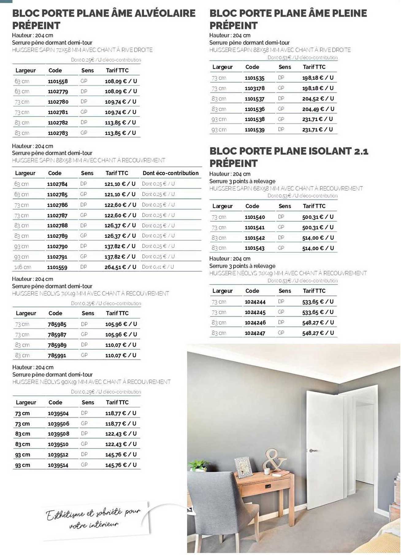 bloc porte plane âme alvéolaire prépeint, bloc porte plane âme pleine prépeint, bloc porte plane isolant 2.1 prépeint