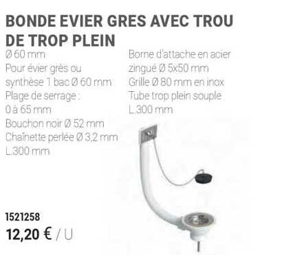 bonde évier grès avec trou de trop plein