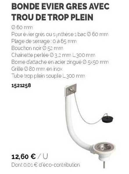 bonde évier gres avec trou de trop plein