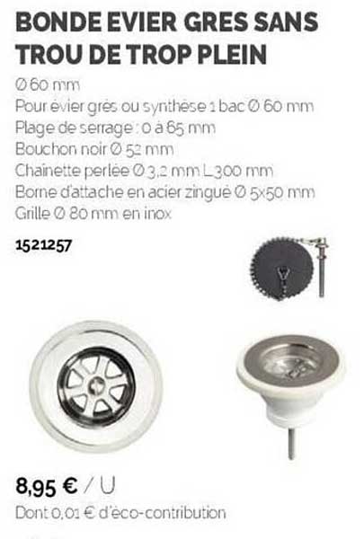 bonde évier grès sans trou de trop plein