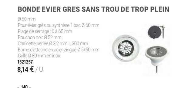 bonde evier gres sans trou de trop plein