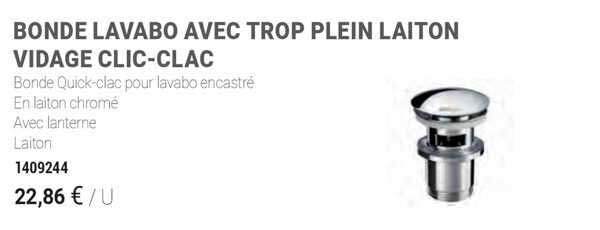 bonde lavabo avec trop plein laiton vidage clic-clac