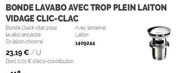 bonde lavabo avec trop plein laiton vidage clic-clac
