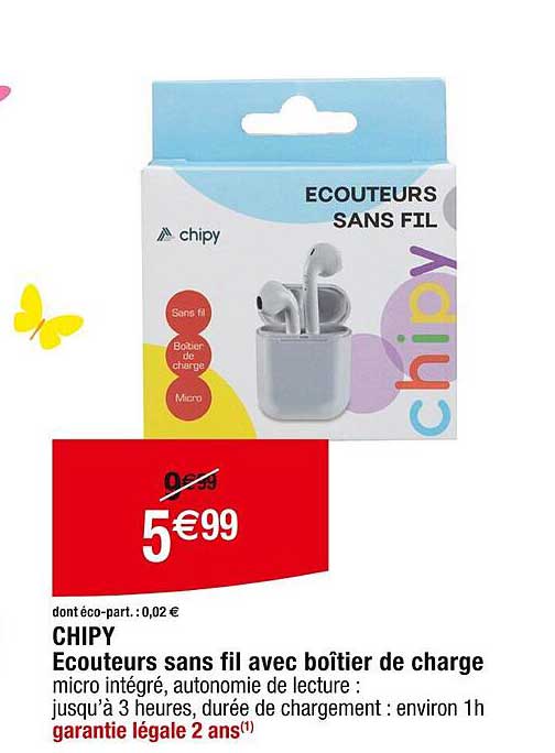 chipy écouteurs sans fil avec boîtier de charge