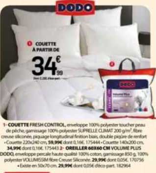 couette fresh control dodo, oreiller 60 x 60 cm volume plus dodo