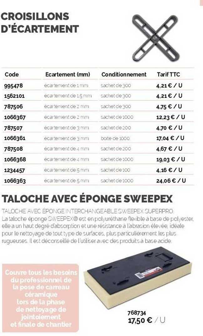 croisillons d'écartement, taloche avec éponge sweepex