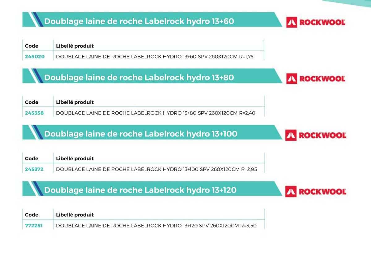 doublage laine de roche labelrock hydro 13+60 rockwool, doublage laine de roche labelrock hydro 13+80 rockwool, doublage laine de roche labelrock hydro 13+100 rockwool