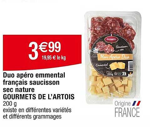 Duo Apéro Emmental Française Saucisson Sec Nature Gourmets De L'artois