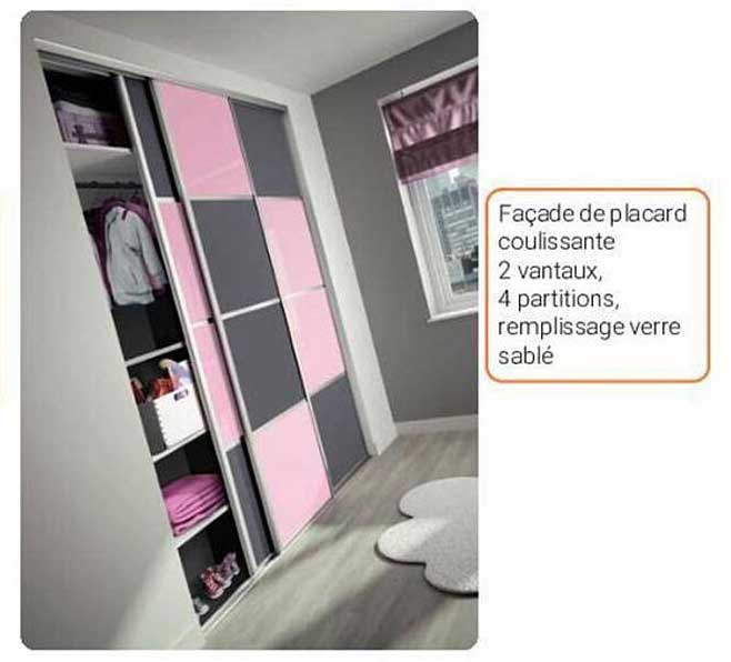 façade de placard coulissante 2 vantaux, 4 partitions, remplissage verre sablé
