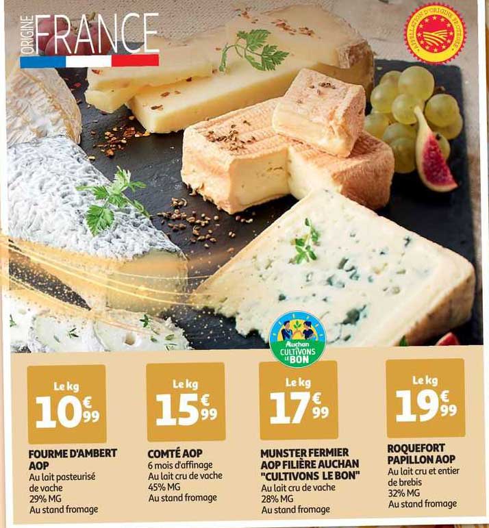 fourme d'ambert aop, comté aop, munster fermier aop filière auchan "cultivons le bon", roquefort papillon aop