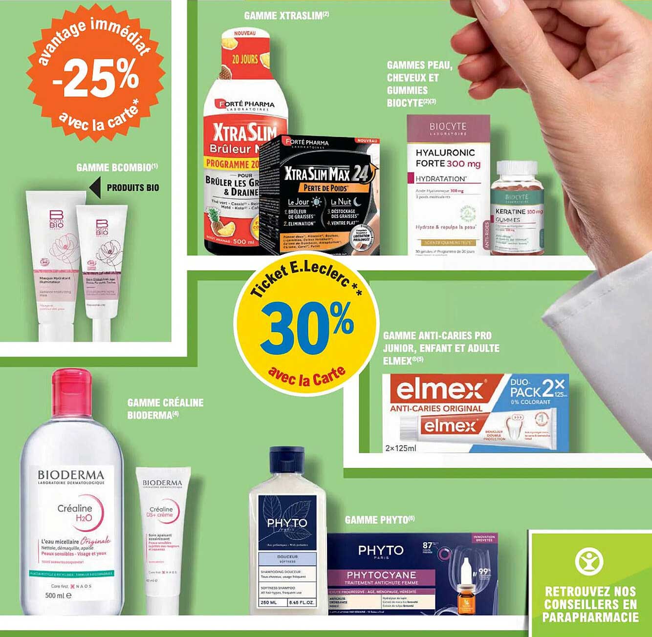 gamme bcombio, gamme créaline bioderma, gamme phyto, gamme anti-caries pro junior, enfant et adulte elmex, gamme xtraslim, gammes peau, cheveux et gummies biocyte