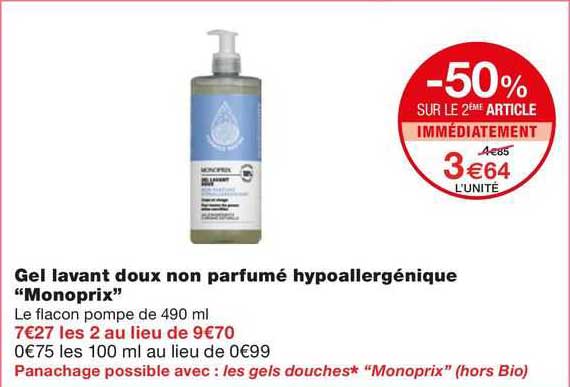 gel lavant doux non parfumé hypoallergénique "monoprix"