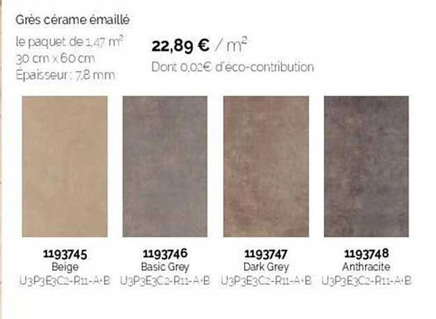 grès cérame émaillé le paquet de 1.47 m²