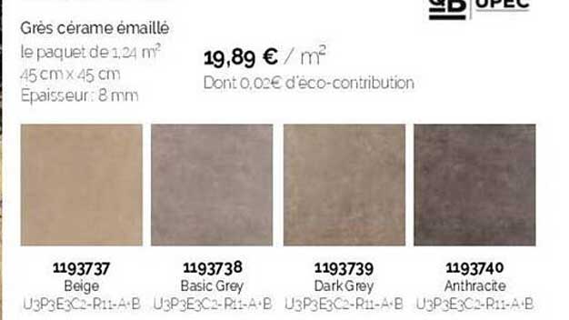 grès cérame émaillé le paquet de 1.25 m2