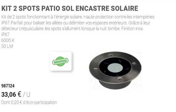 kit 2 spots patio sol encastré solaire