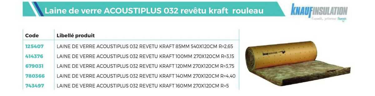 laine de verre acoustiplus 032 revêtu kraft rouleau knaufinsulation