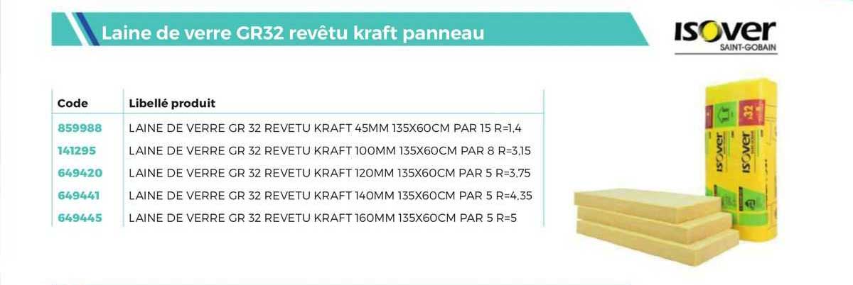 laine de verre gr32 revêtu kraft pannuea isover