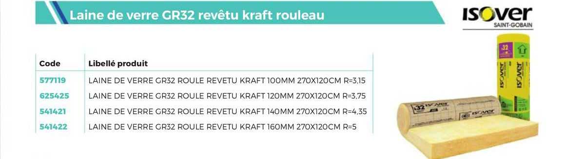 laine de verre gr32 revêtu krat rouleau isover