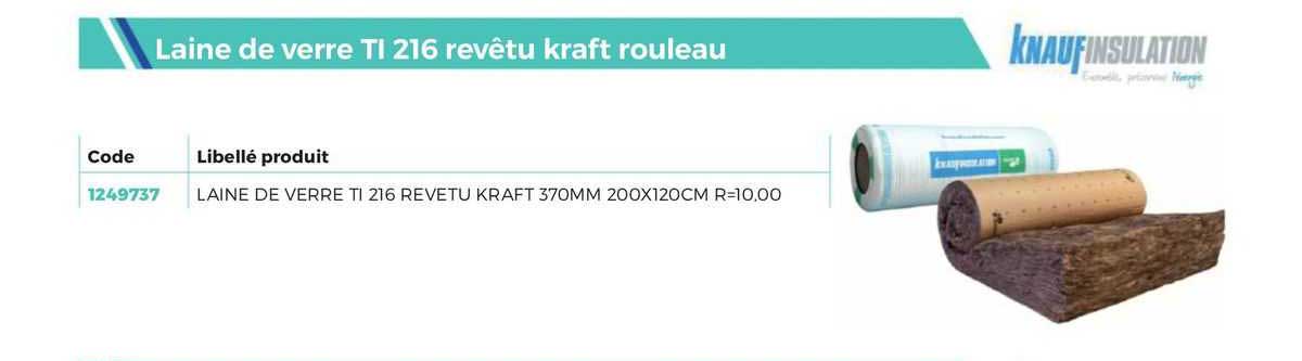 laine de verre ti 216 revêtu kraft rouleau knauf insulation