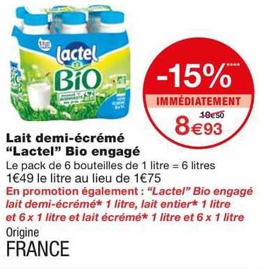 lait demi-écrémé "lactel" bio engagé