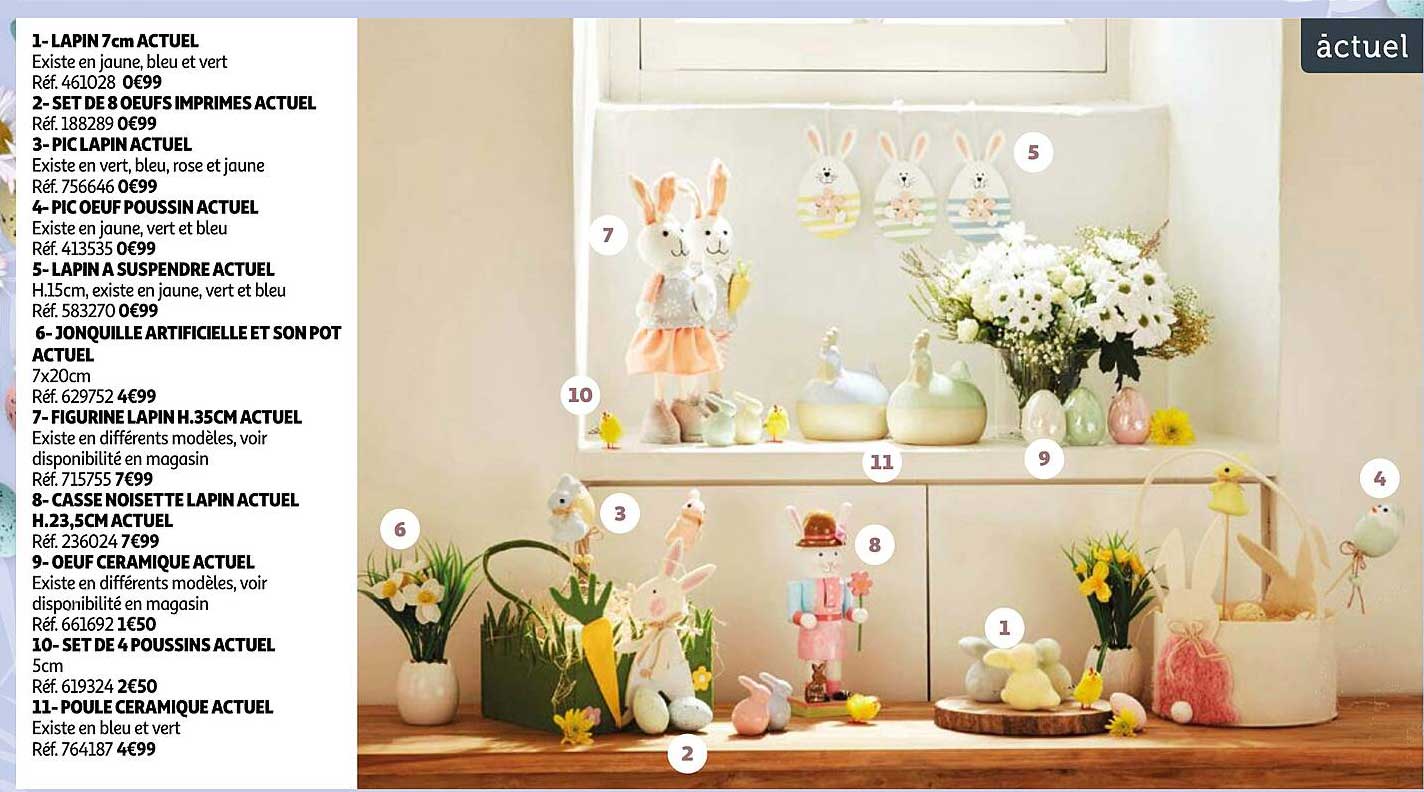 lapin 7 cm actuel, set de 8 œufs imprimés actuel, pic lapin actuel, pic œuf poussin actuel, lapin à suspendre actuel , jonquille artificielle et son pot actuel, figurine lapin h. 35 cm actuel