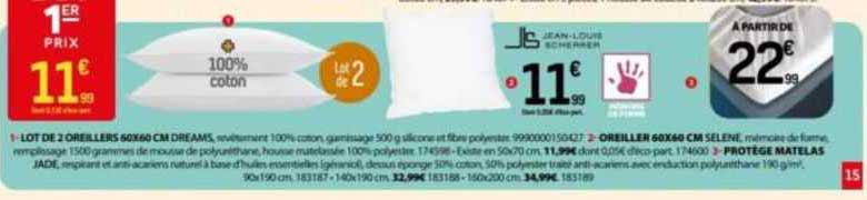 lot de 2 oreillers 60 x 60 cm Dreams, oreiller 60 x 60 cm sélène, protège matelas jade