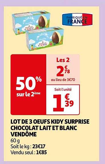 lot de 3 œufs kidy surprise chocolat lait et blanc vendôme