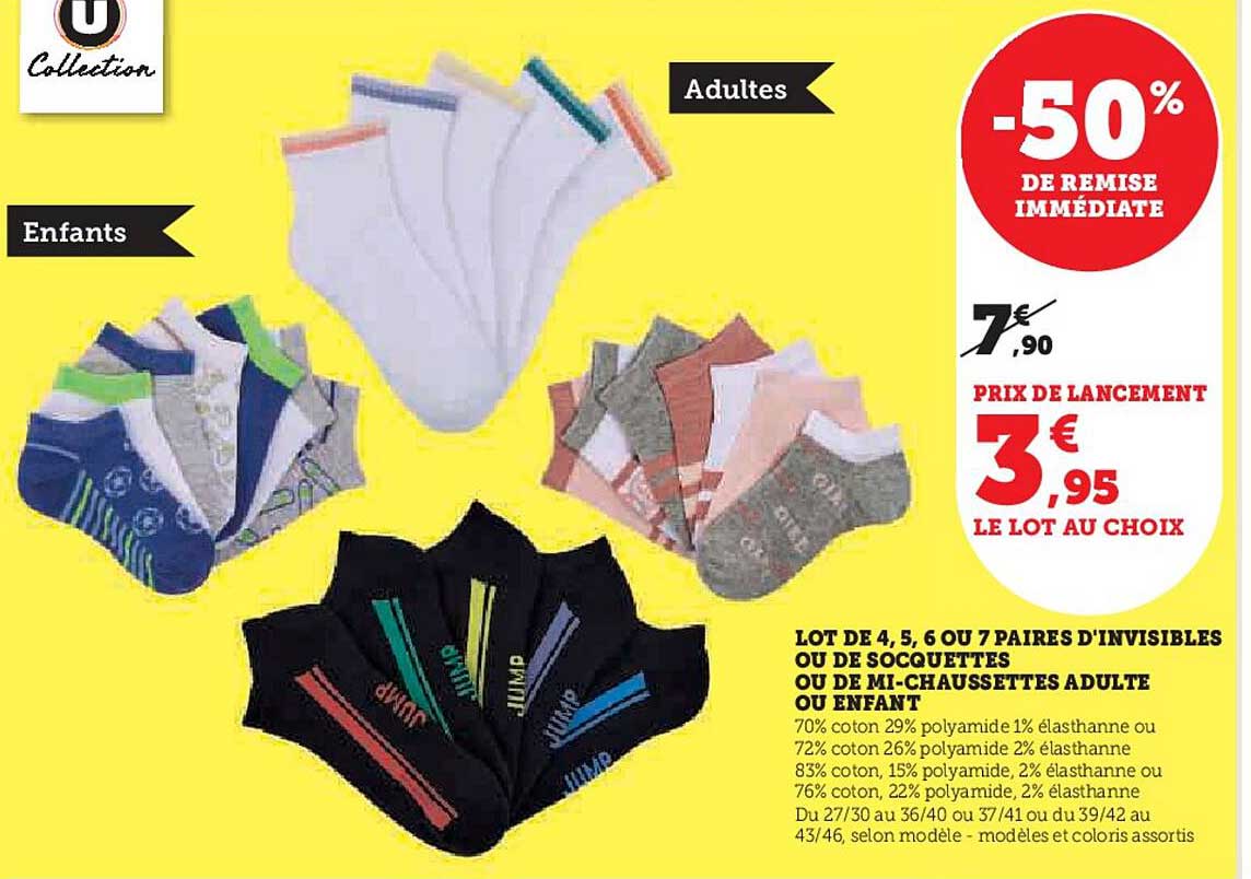 lot de 4, 5, 6 ou 7 paires d'invisibles ou de socquettes ou de mi-chaussettes adulte ou enfant