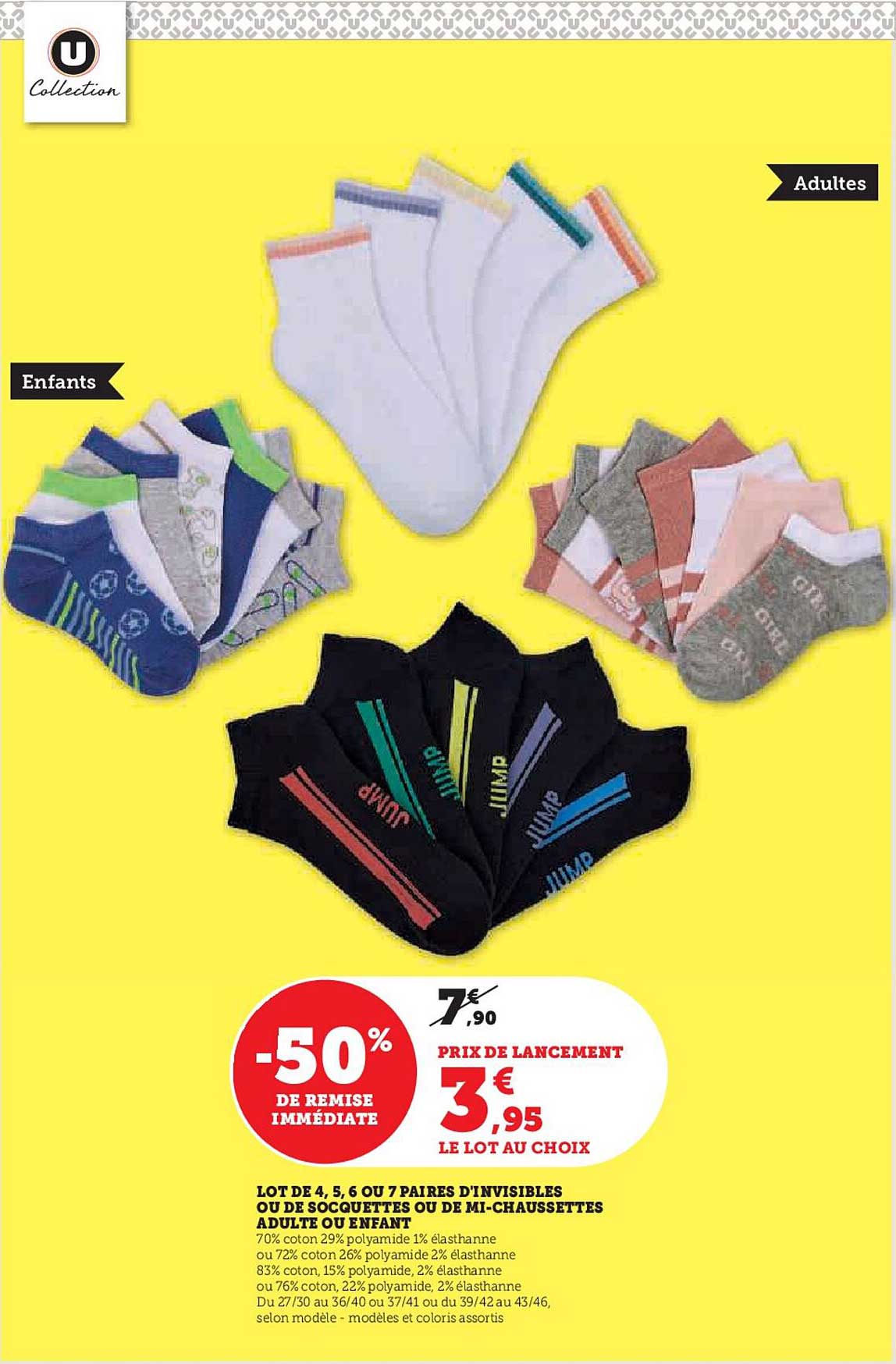 lot de 4 5.6 ou 7 paires d'invisibles ou de socquettes ou de mi-chaussettes adulte ou  enfant