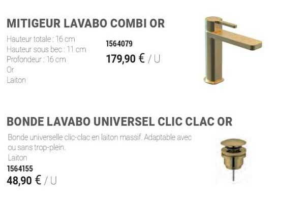 mitigeur lavabo combi or, bonde lavabo universel clic clac or