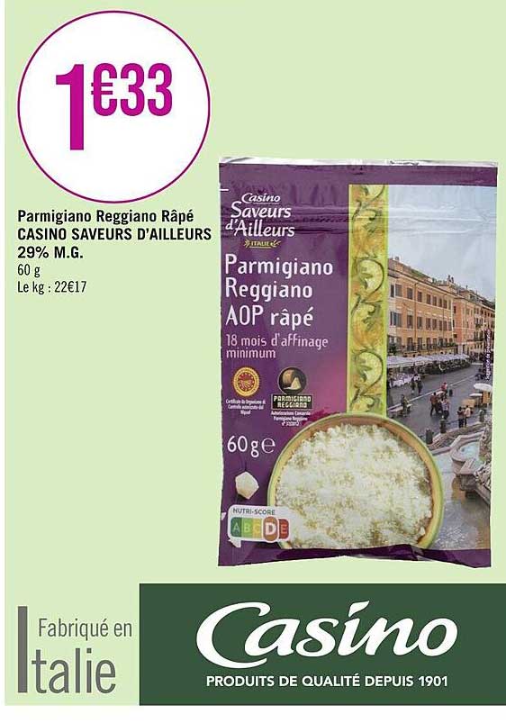 parmigiano reggiano râpé casino saveurs d'ailleurs 29% m.g.