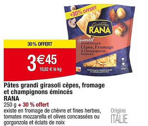 pâtes grandi girasoli cèpes fromage et champignons émincés rana