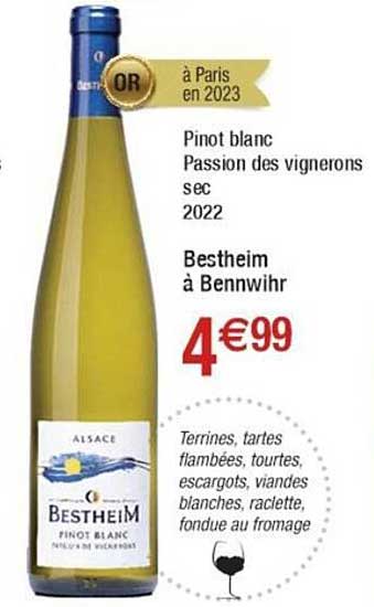 pinot blanc passion des vignerons sec 2022 bestheim à bennwihr