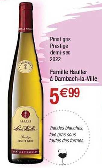 pinot gris prestige demi-sec 2022 famille hauller à dambach-la-ville