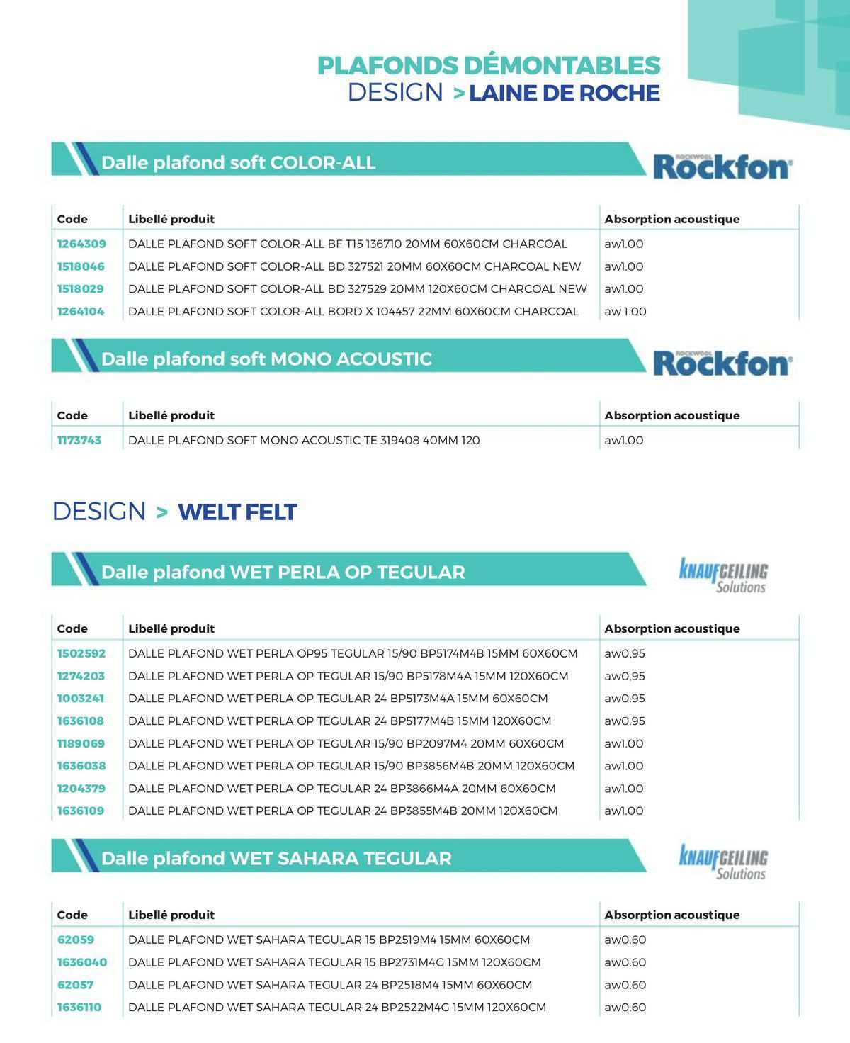 plafonds démontables design >laine de roche