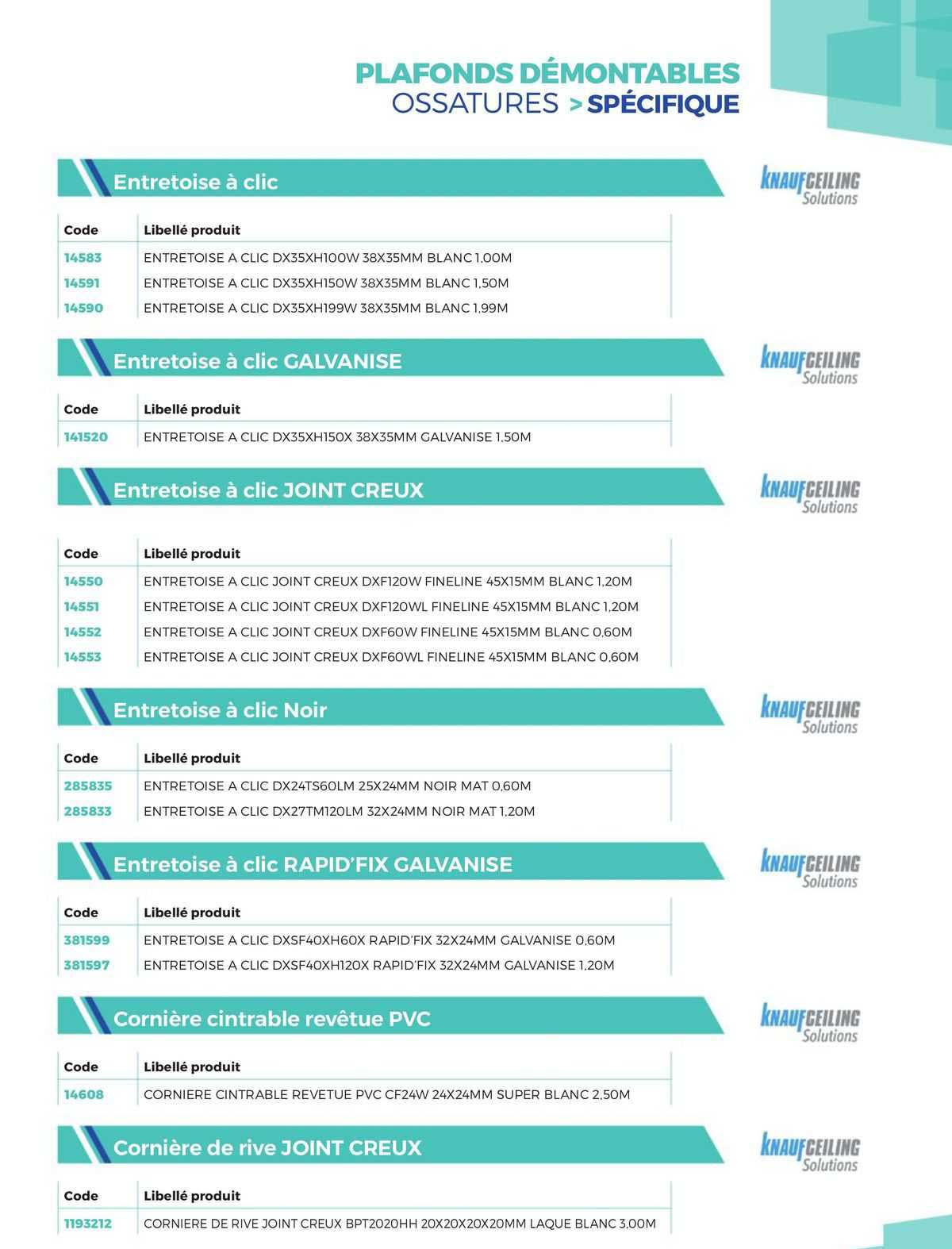 plafonds démontables ossatures >spécifique