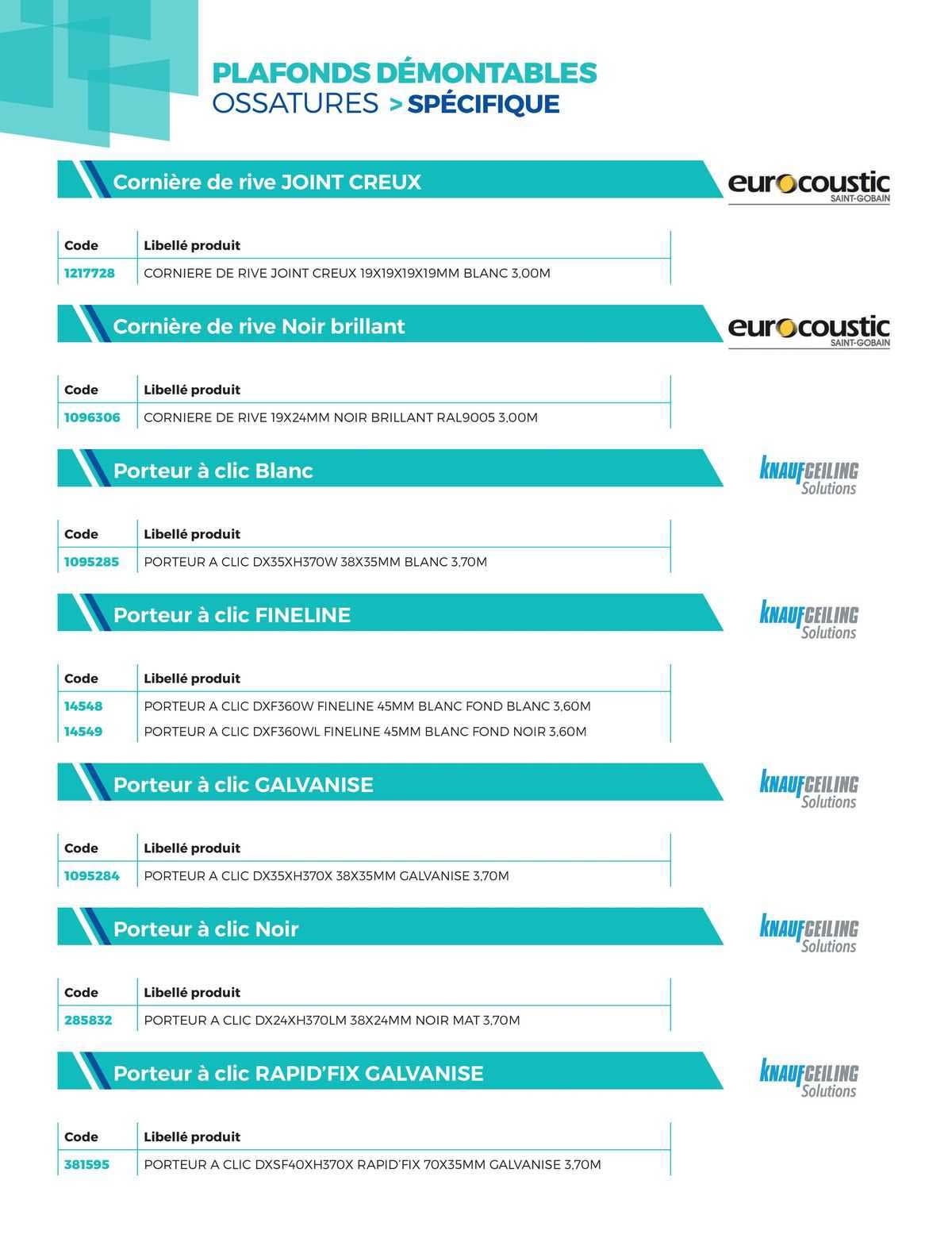 plafonds démontables ossatures >spécifique