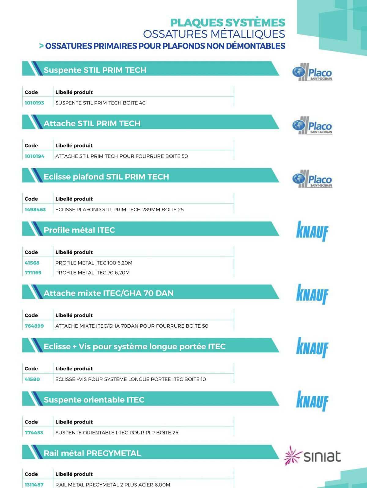 plaques systèmes ossatures métalliques >ossatures primaires pour plafonds non démontables