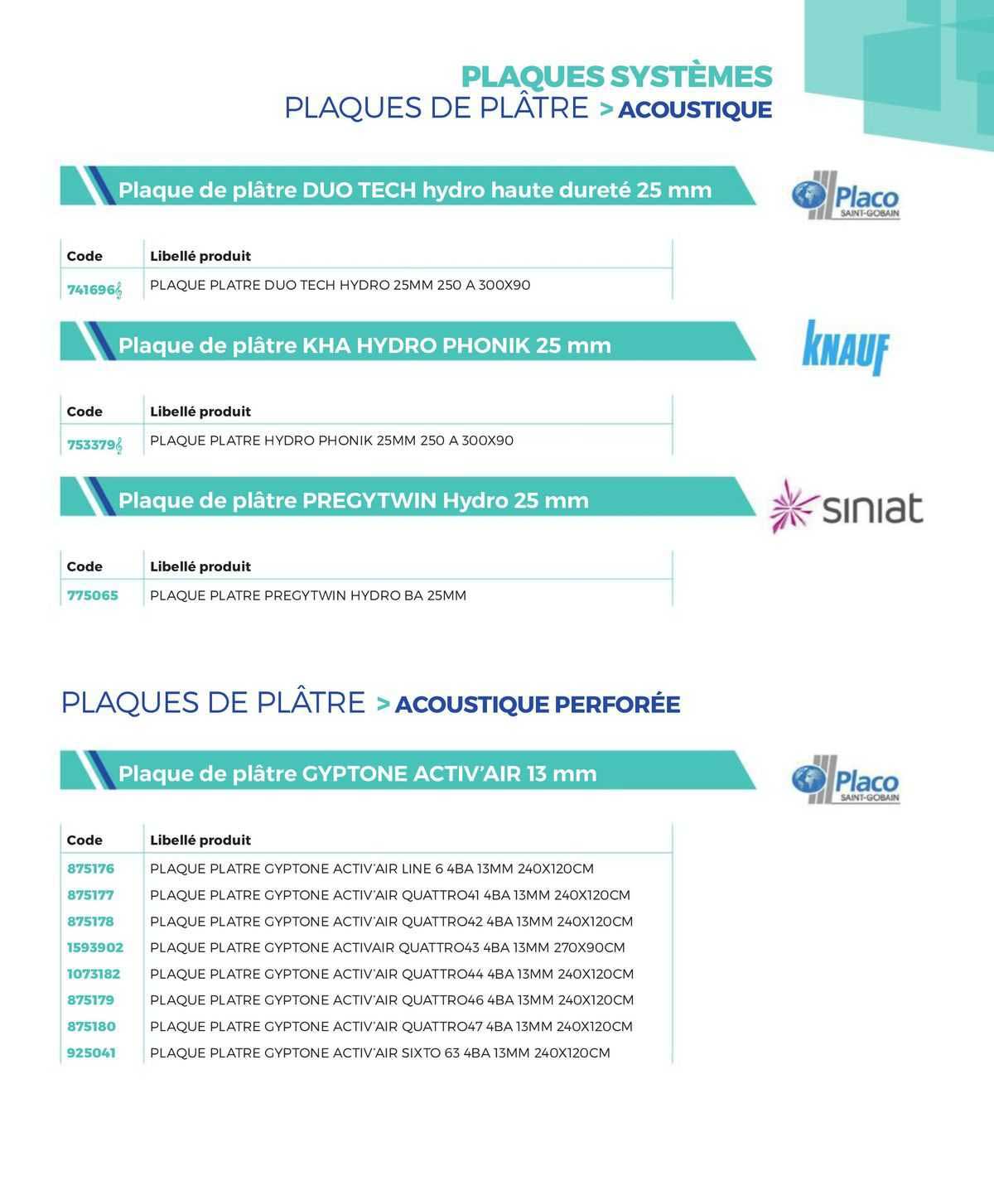 plaques systèmes plaques de plâtre >acoustique plaques de plâtre >acoustique perforée