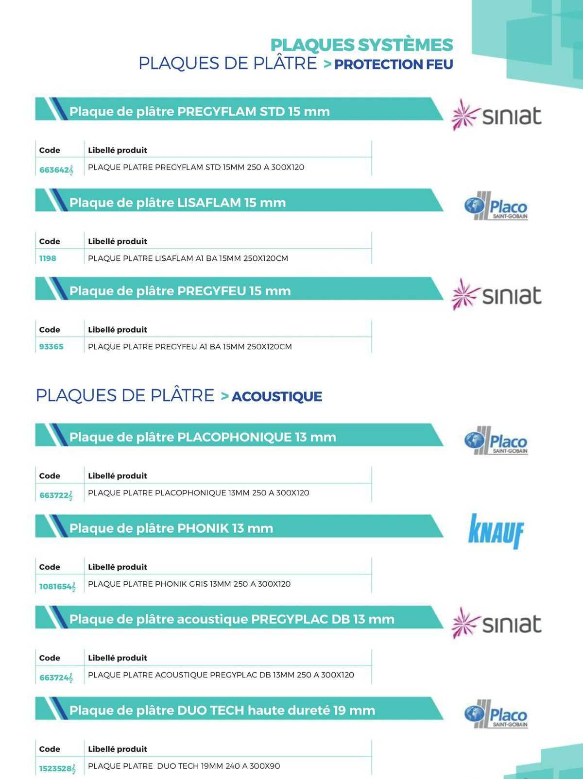 plaques systèmes plaques de plâtre >protection feu plaques de plâtre >acoustique